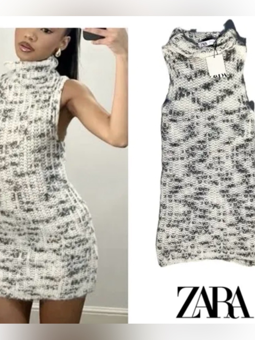 Sleeveless mock neck wool alpaca blend Knit sweater/dress- White & Gray Marled